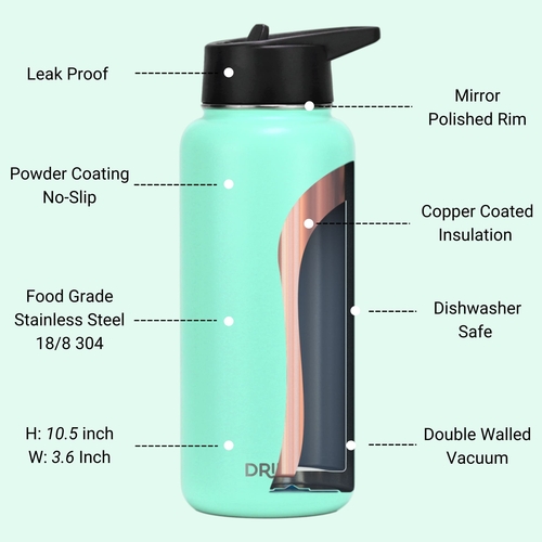 DRINCO® 32oz Stainless Steel Water Bottle (3 lids) - Teal - Image 2