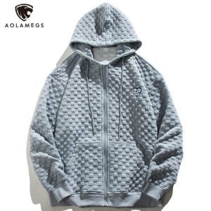 Zipper Hoodie Men Heart Embroidery Solid Plaid Hooded Coats Autumn